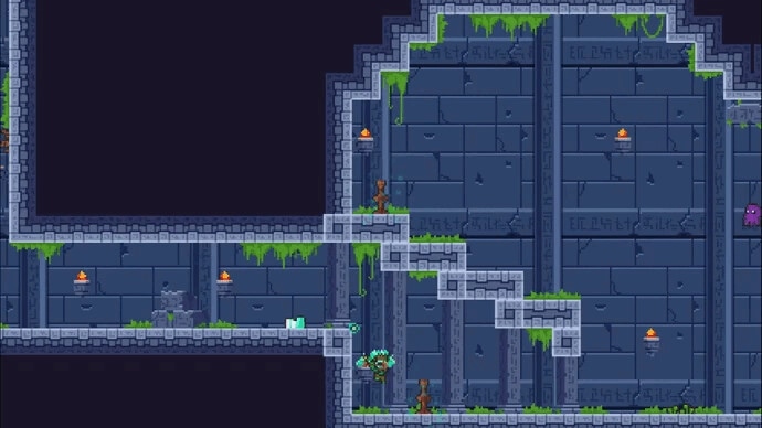 Akaku Forest: Aki-Maku climbs stone walls in a dimly lit, mossy dungeon with glowing torches.