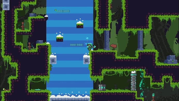 Akaku Forest: Aki-Maku platforming across floating blocks in a lush, multi-leveled forest environment