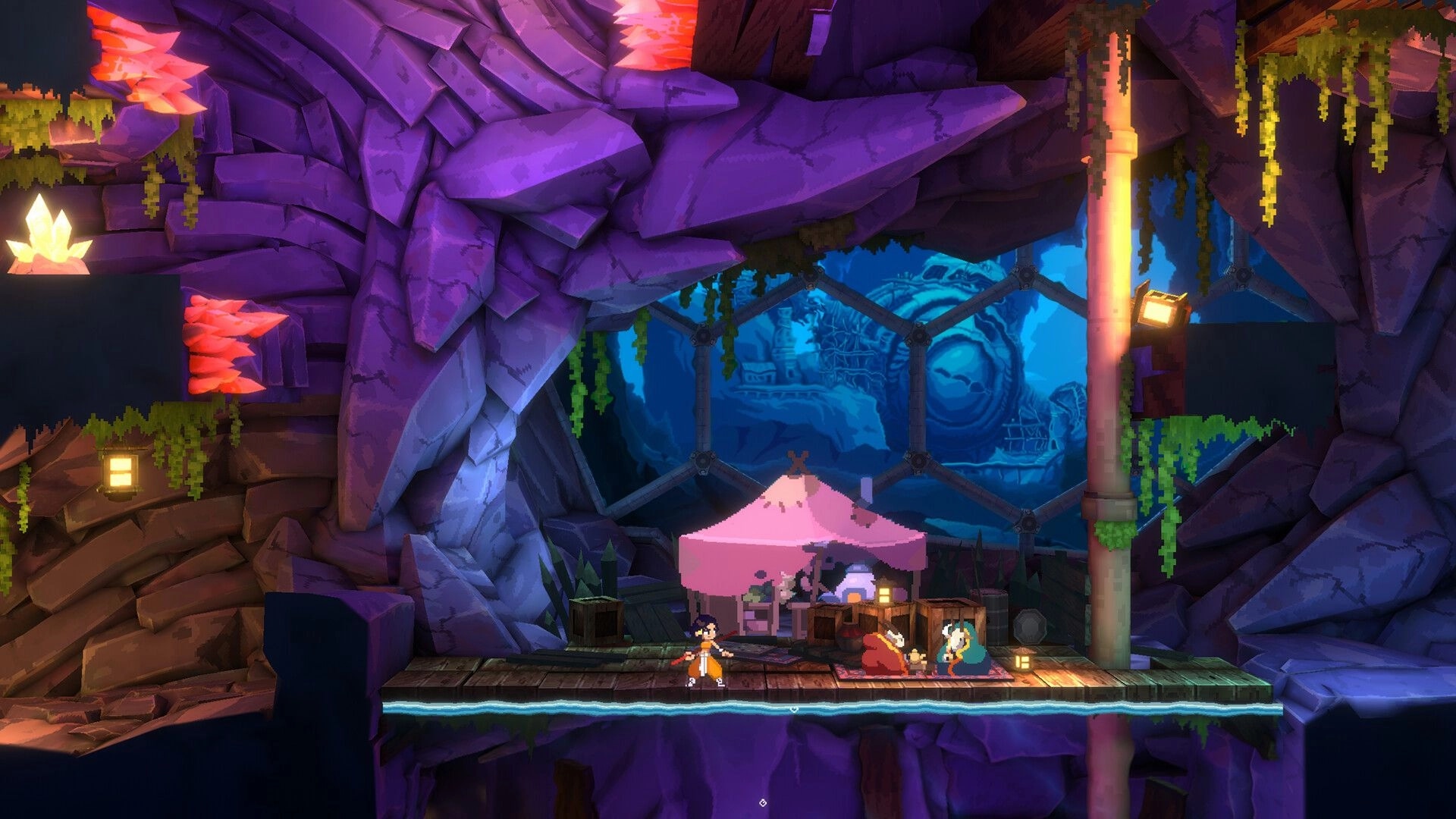 Akatori: Mako stands near a pink tent inside a vibrant cave with glowing crystals and hanging vines