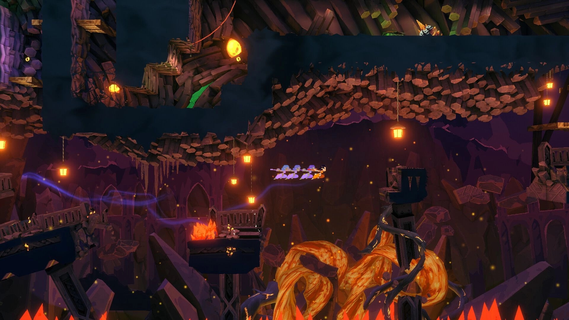 Akatori: Mako flying through a cavernous area with floating platforms and glowing orange lights