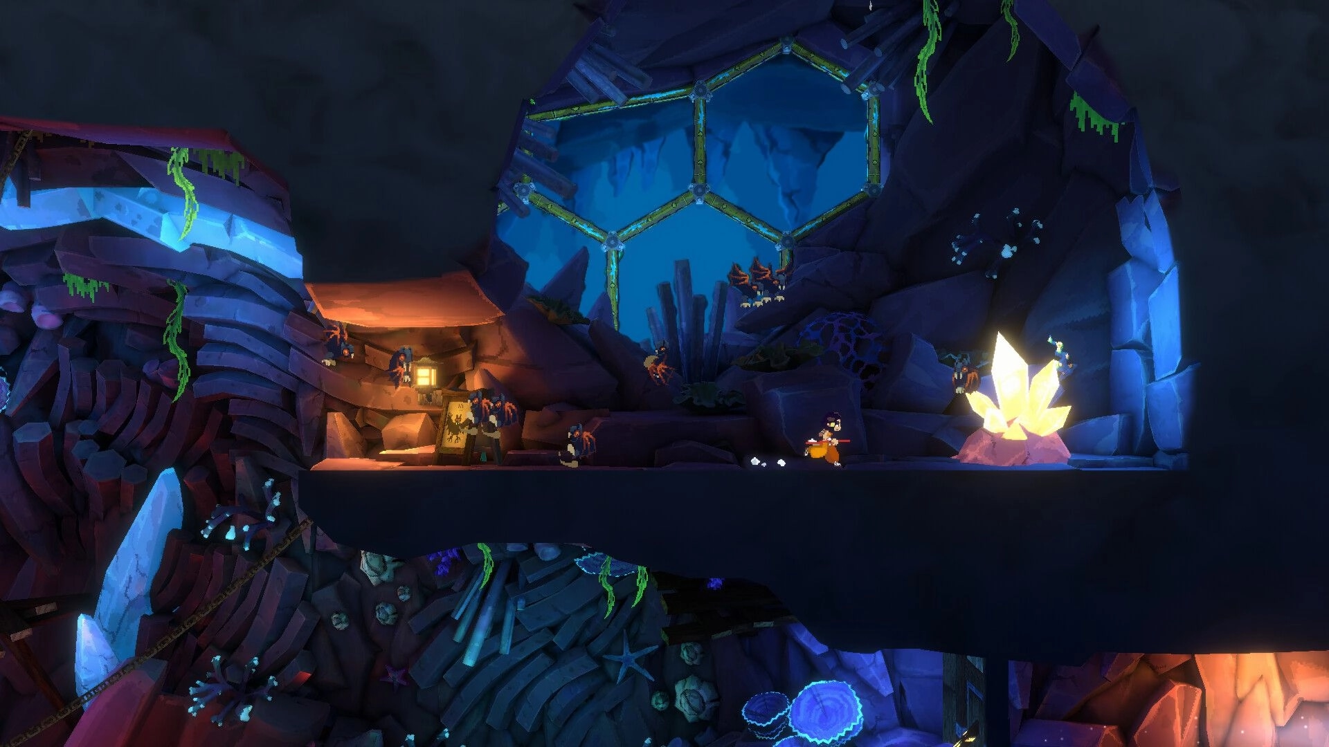 Akatori: Mako confronts enemies in a vibrant cave with glowing crystals and an illuminated shelter nearby