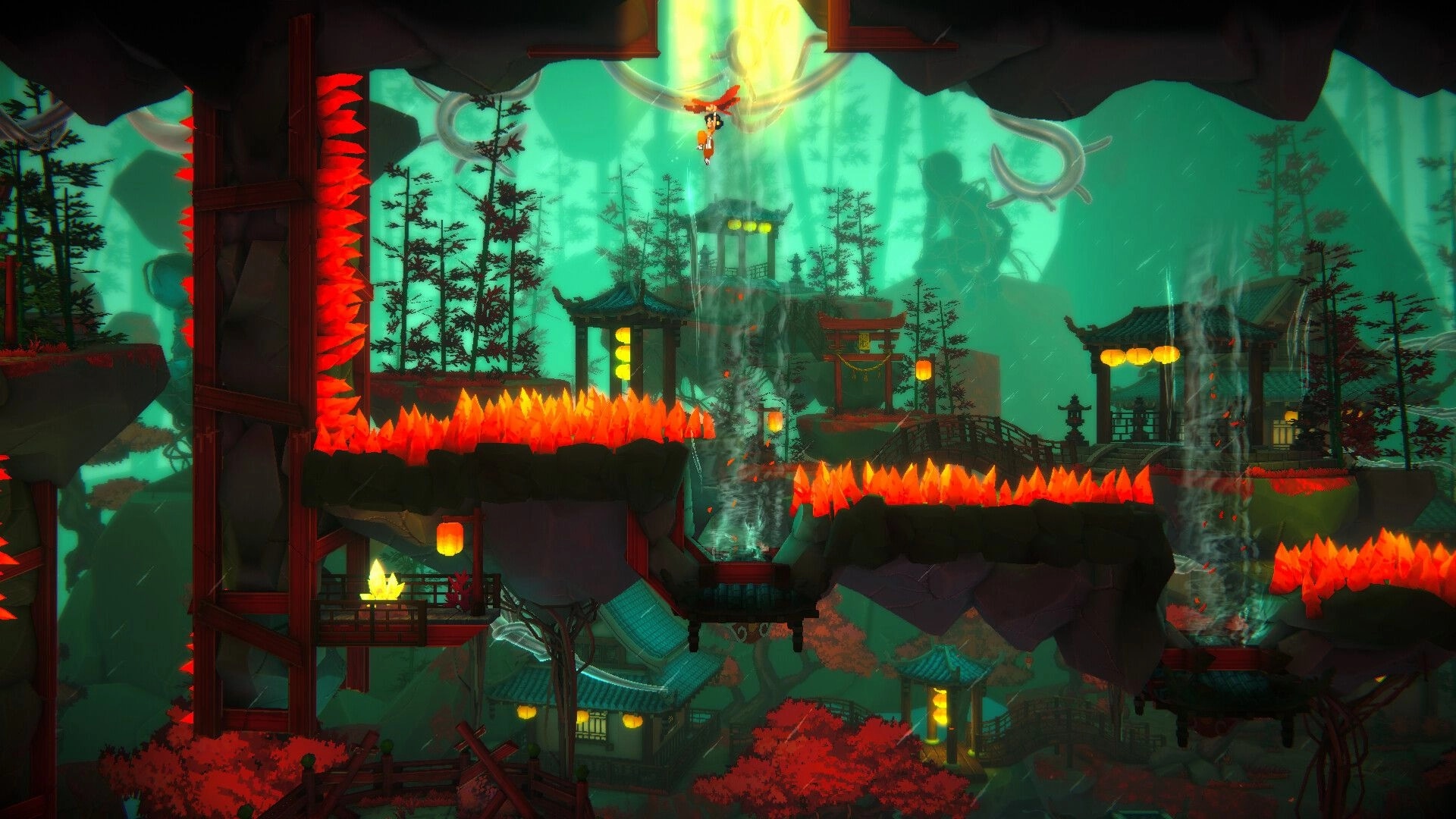 Akatori: Mako leaps through vibrant forest temple with glowing crystals and swirling energy vortex