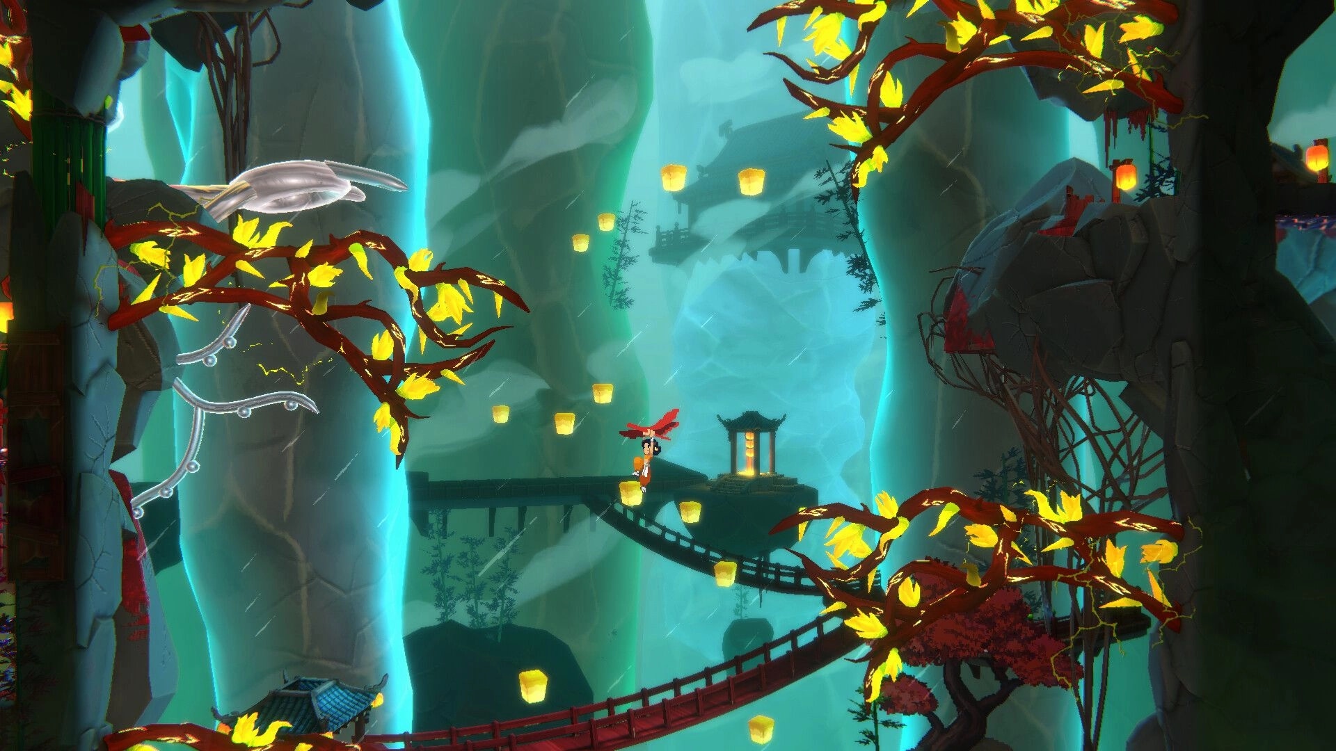 Akatori: Mako jumping across floating platforms in a mystical canyon with glowing lanterns and trees