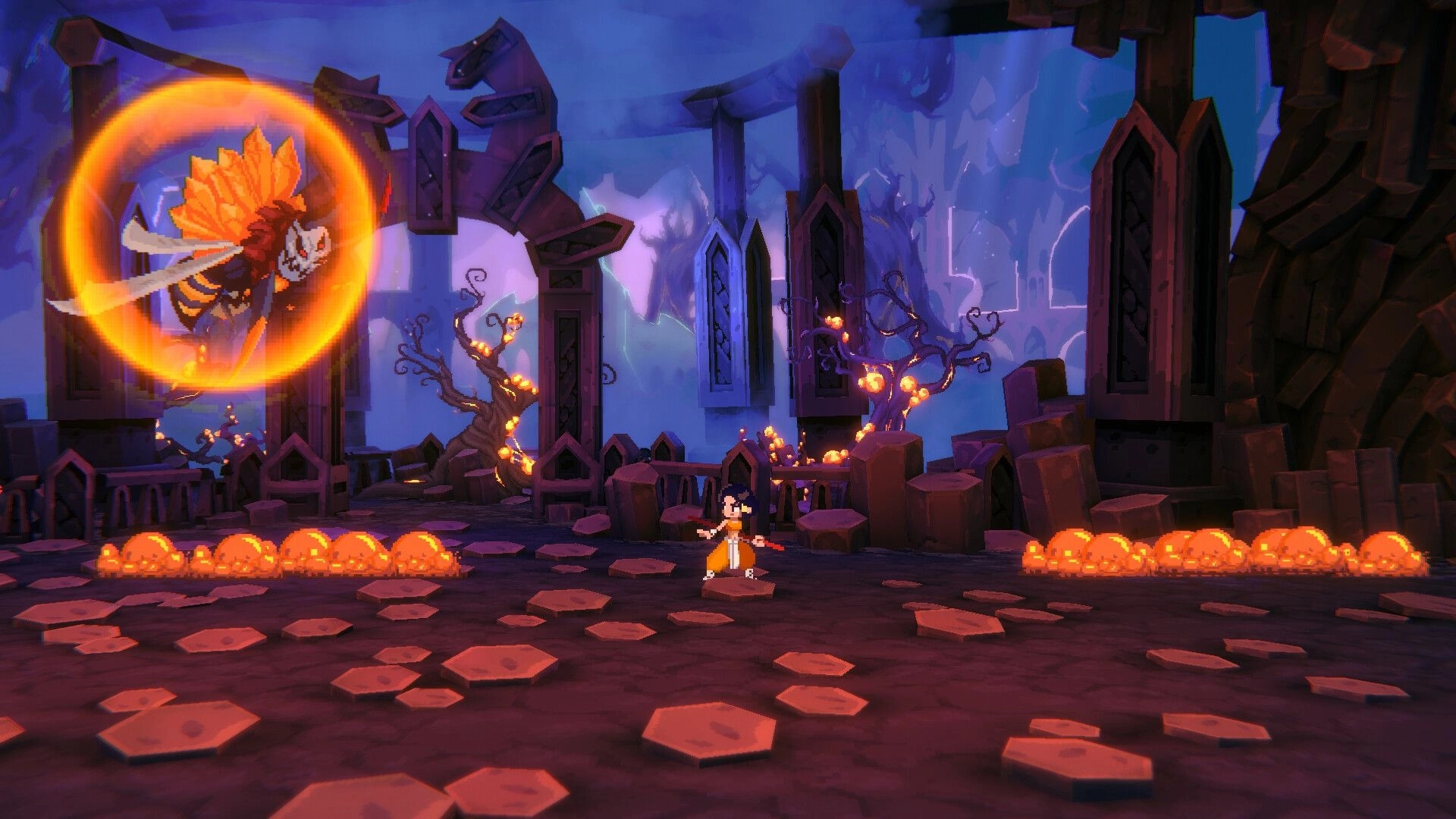 Akatori: Mako facing a giant fire bee enemy in a dark, mystical temple with glowing orange elements