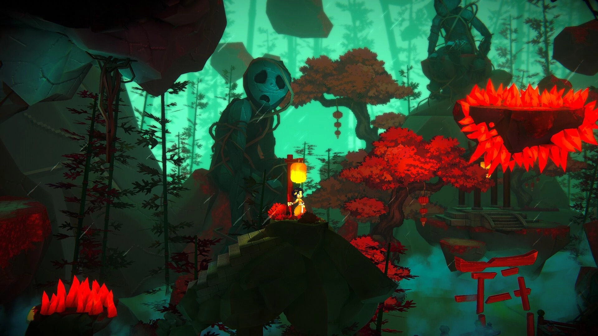 Akatori: Mako stands by a glowing lantern amidst vibrant red trees and ancient statues in a mystical forest.