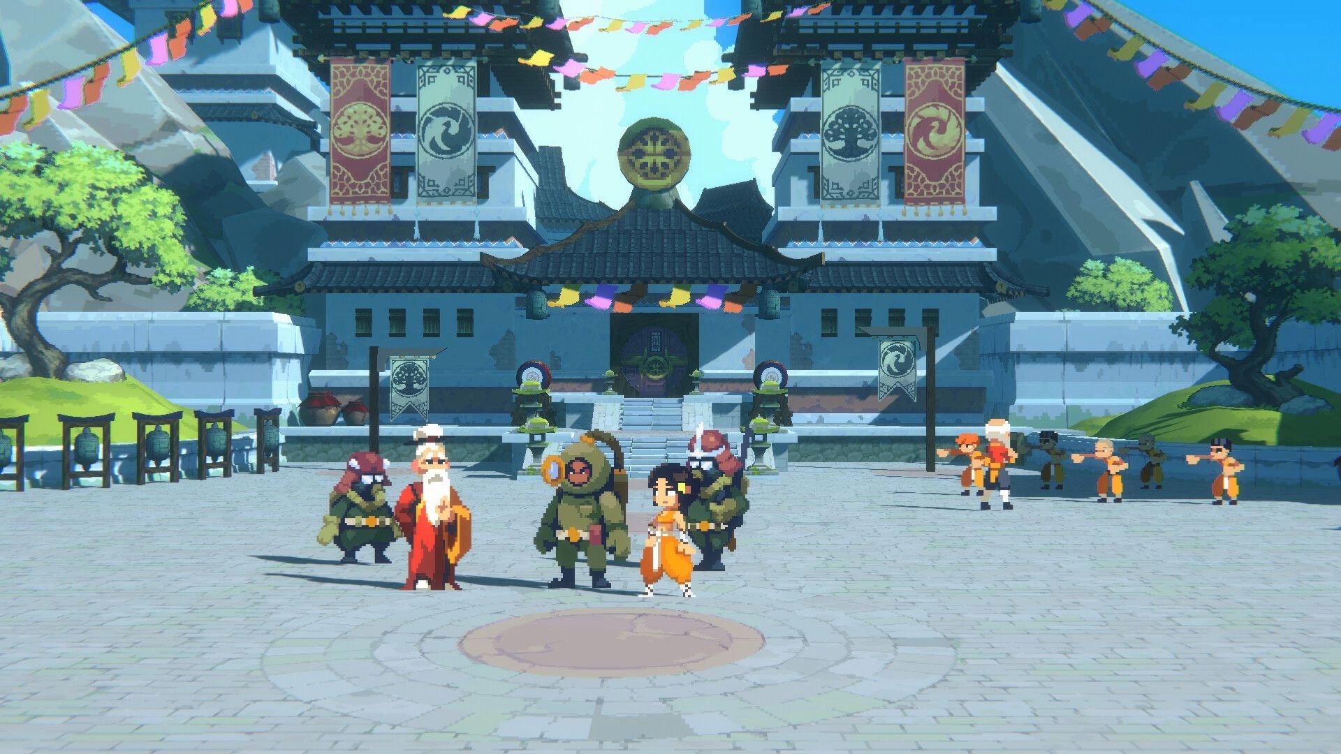 Akatori: Mako with companions in a temple courtyard surrounded by banners and training monks