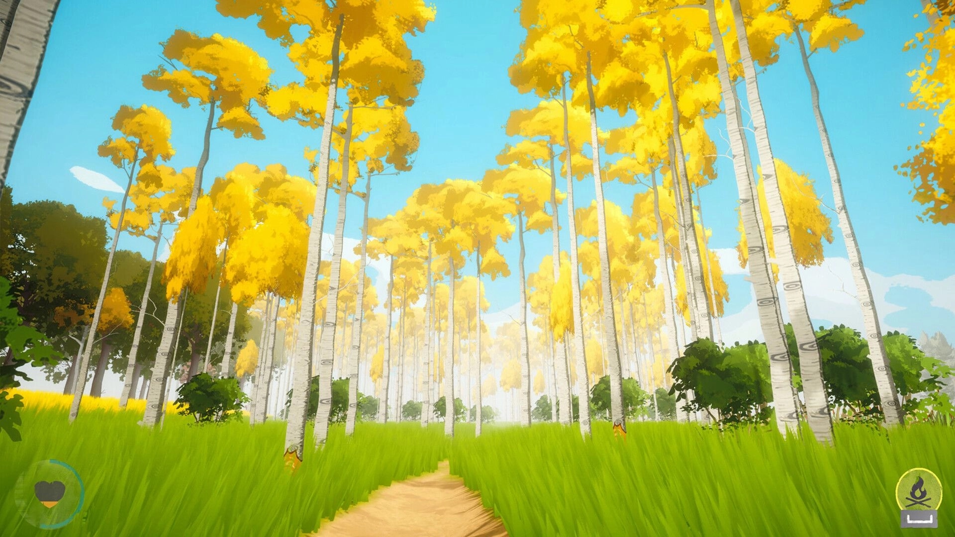 Akiiwan: First-person view down a dirt path through tall grass and bright yellow birch trees.