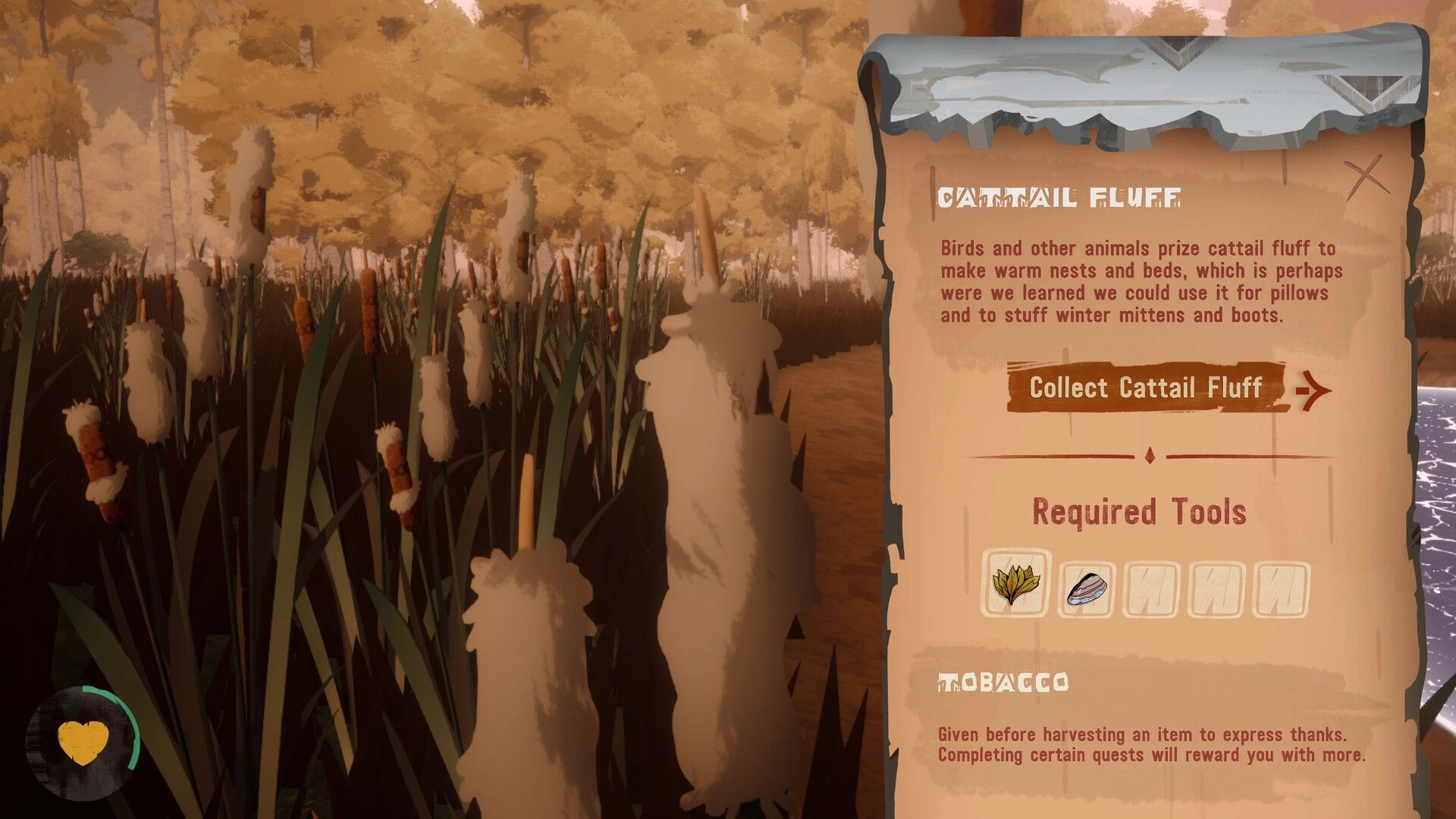 Akiiwan: Collect cattail fluff prompt and required tools UI over cattail marsh by a lake shore.