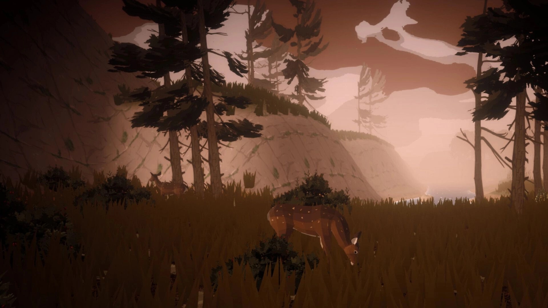 Akiiwan: Deer grazing in tall grass on a misty forest hillside at sunset, no UI visible.