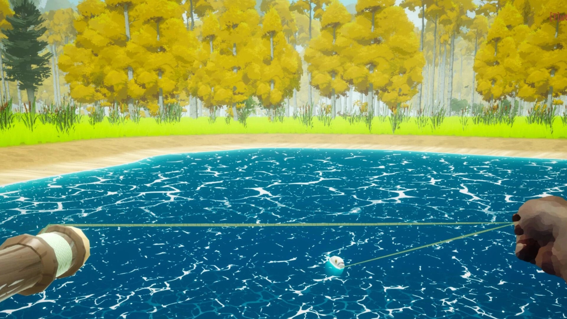 Akiiwan: First-person fishing with rod and bobber on a lake beside a bright autumn forest shore.