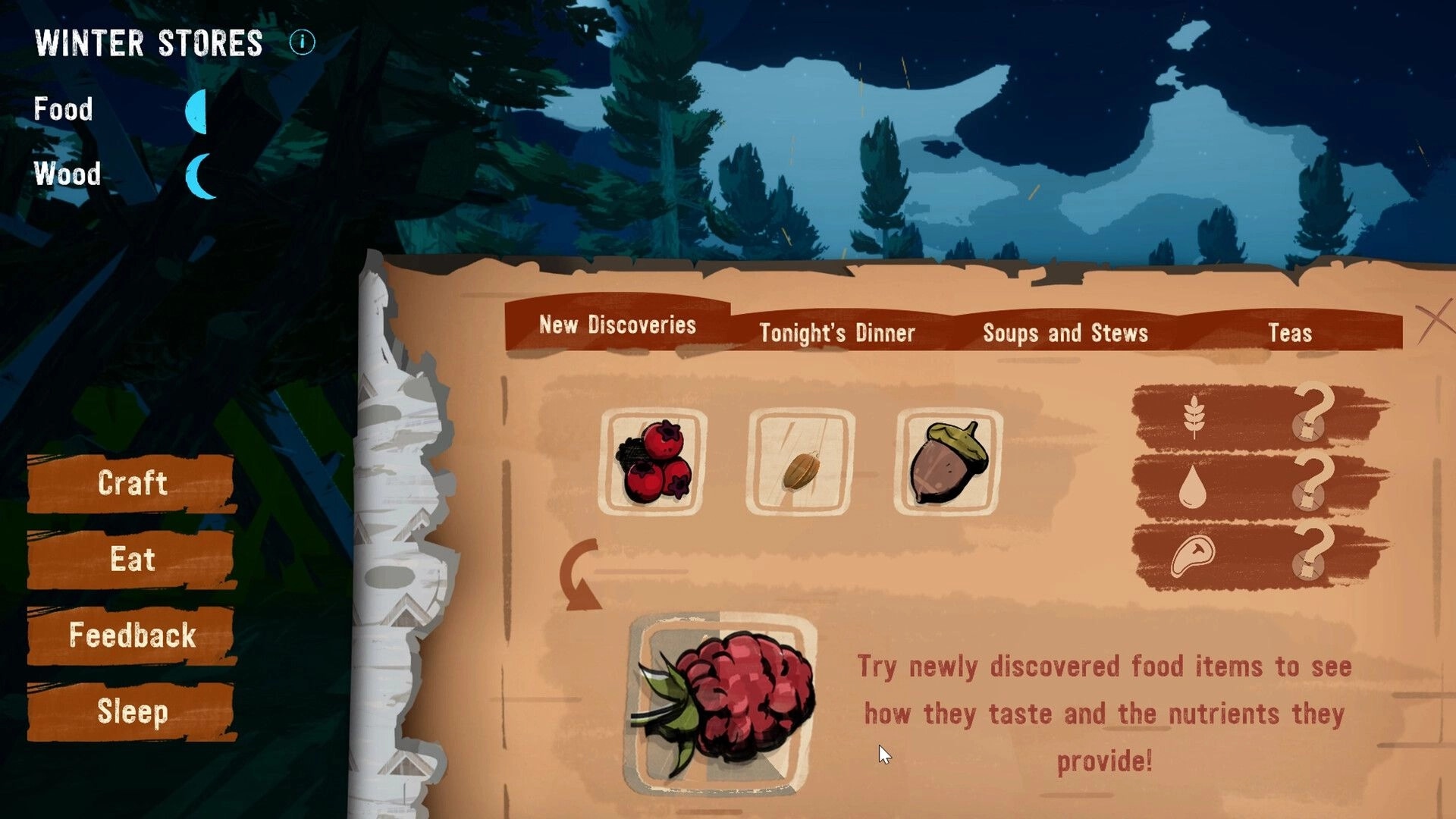 Akiiwan: Winter Stores food menu with berries and acorn icons over a nighttime forest backdrop.