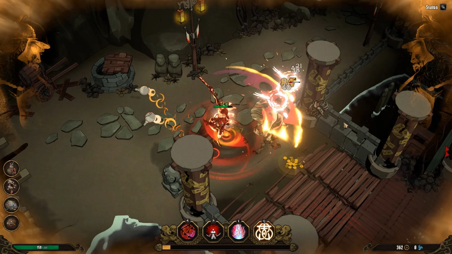 Aksun: Intense combat scene with player attacking enemy near ancient ruins, UI shows abilities and health