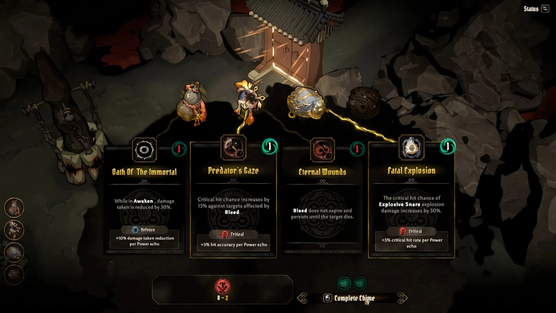 Aksun: Artifact selection screen with four spiritual options in a rocky cavern environment