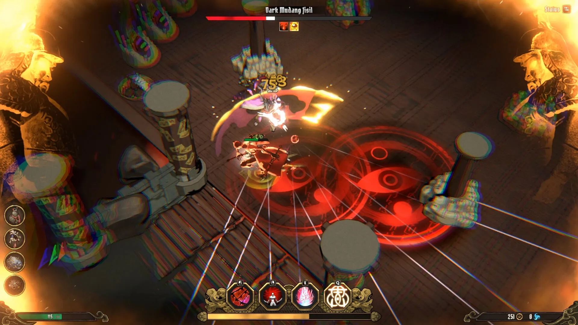 Aksun: Player battling Dark Mudang Isil in a temple with vibrant red attack effects and health bar.