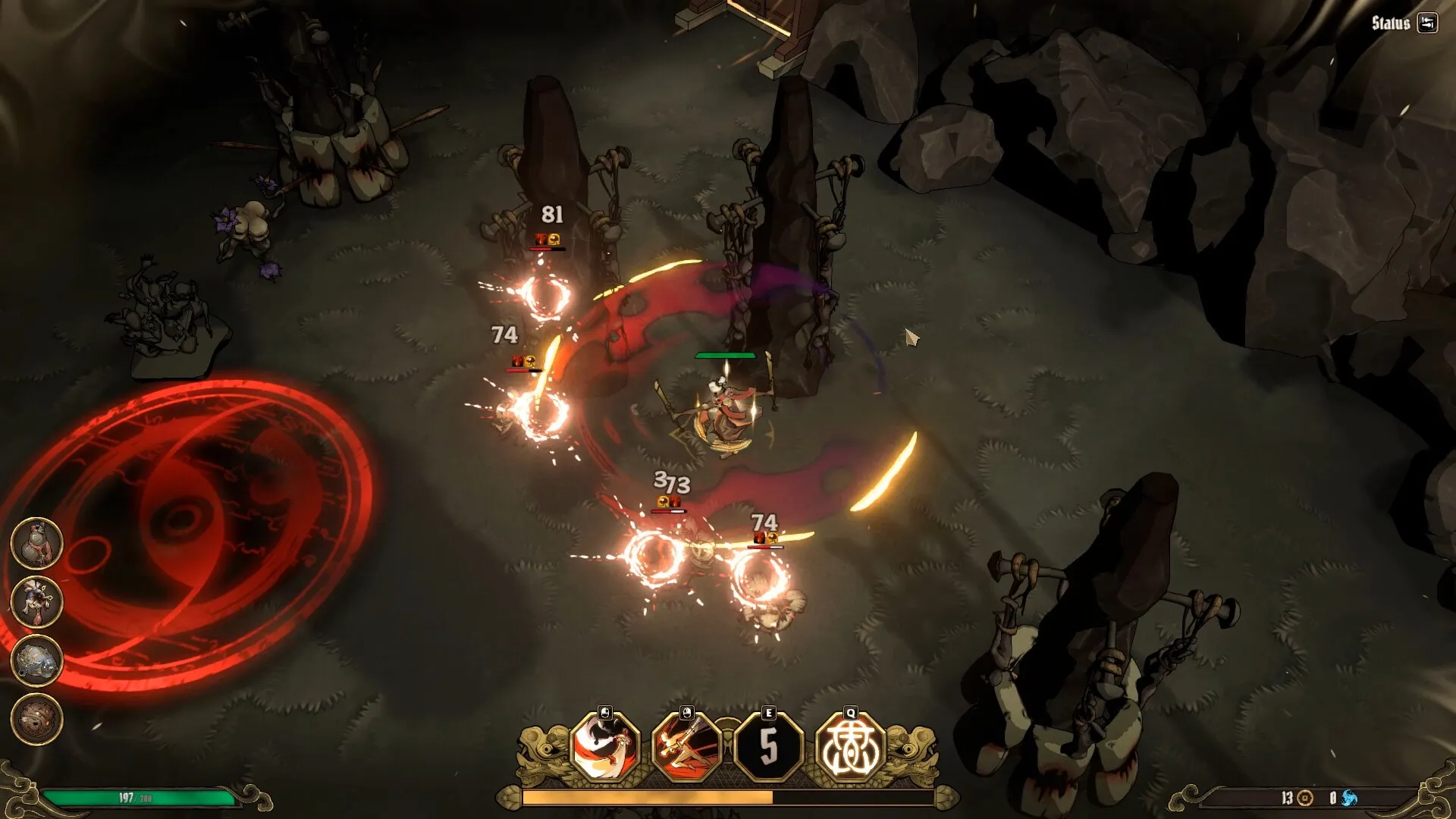 Aksun: Player character battles enemies using evolving weapons in a dark cave with UI elements visible.