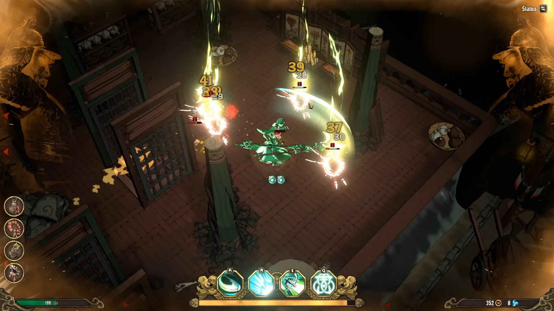 Aksun: Character in combat with glowing enemies in a wooden temple, health and skill icons visible.