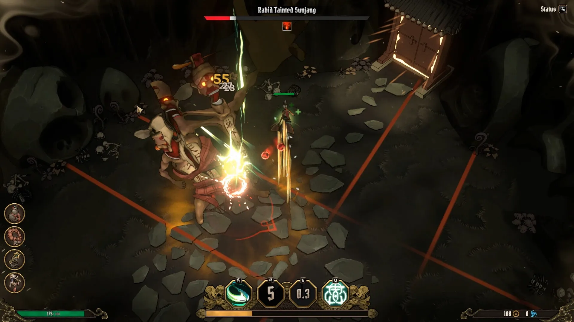 Aksun: Player battles Rabia Tainted Sunjang in a dark cave with glowing artifacts and health bar visible.