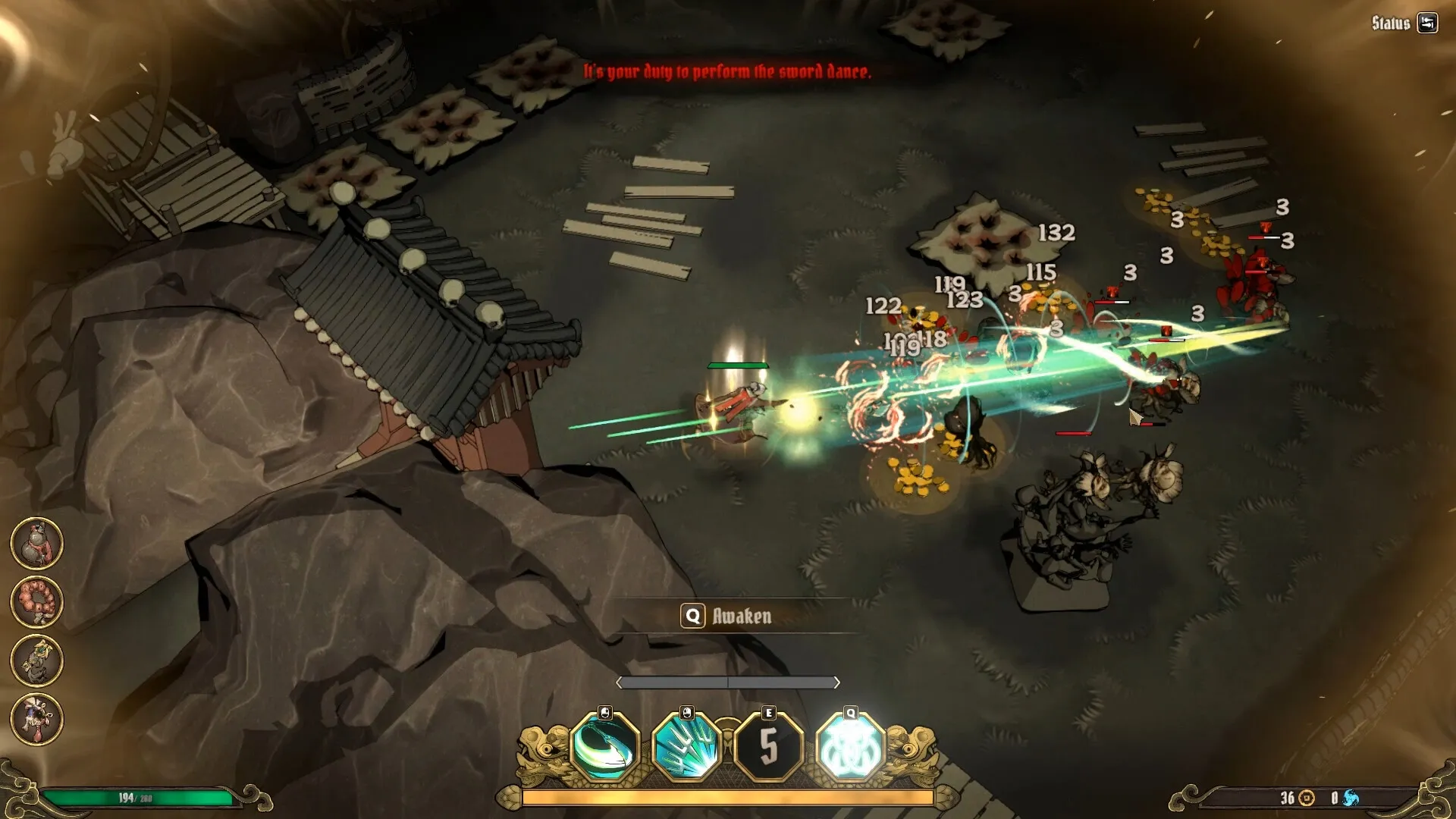 Aksun: Intense combat scene with player attacking enemies near a temple, UI displays health and skills.