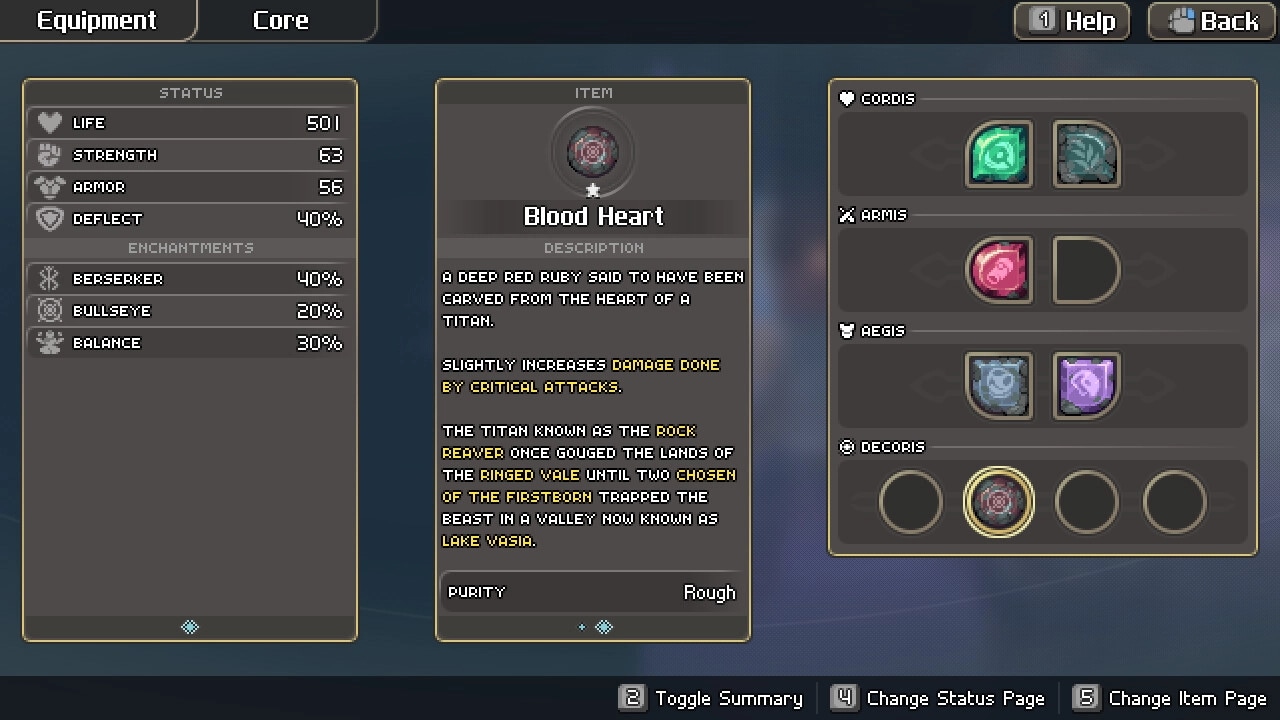 Alabaster Dawn: Equipment menu displaying Blood Heart item stats and character enchantments overview.