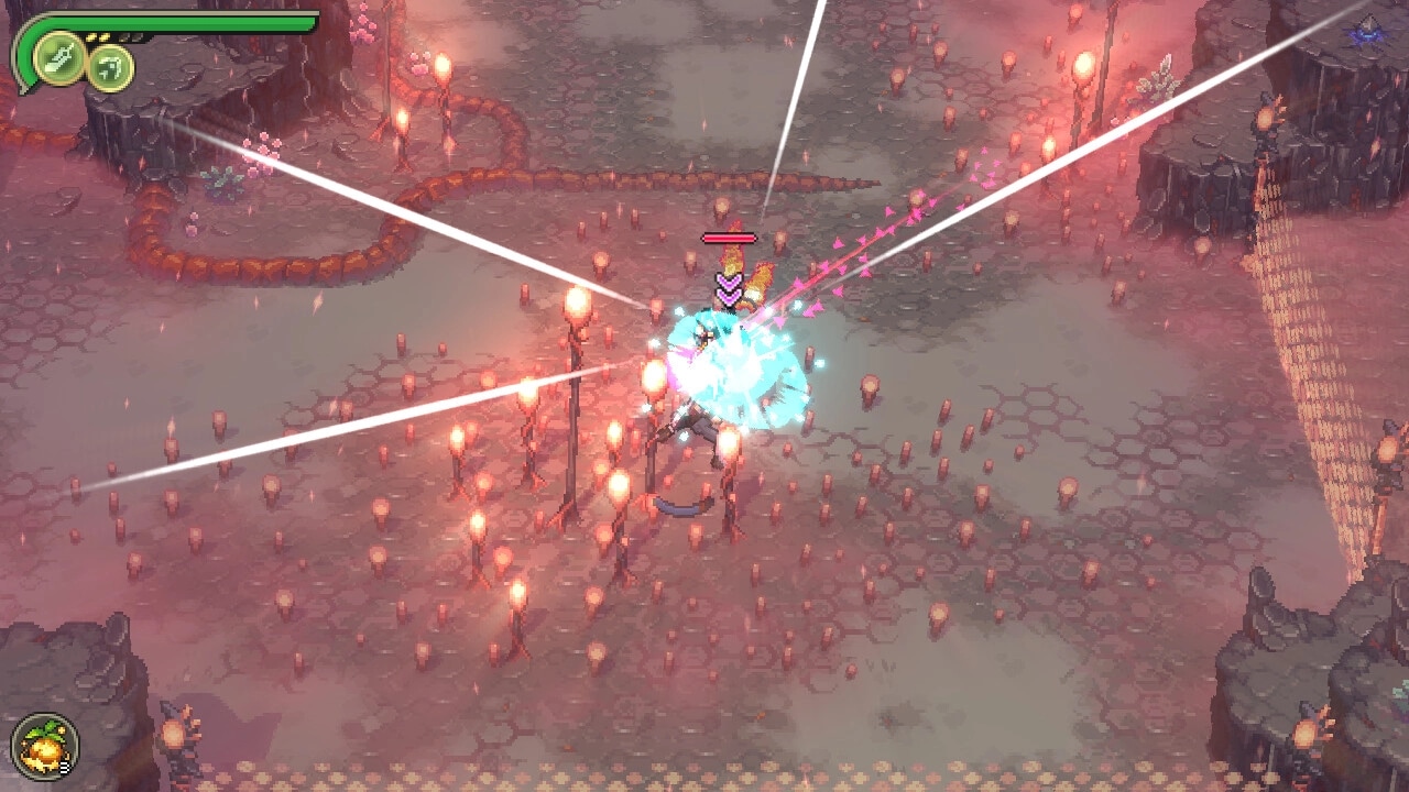 Alabaster Dawn: Hero unleashes a powerful attack in a glowing cave surrounded by pink crystals.