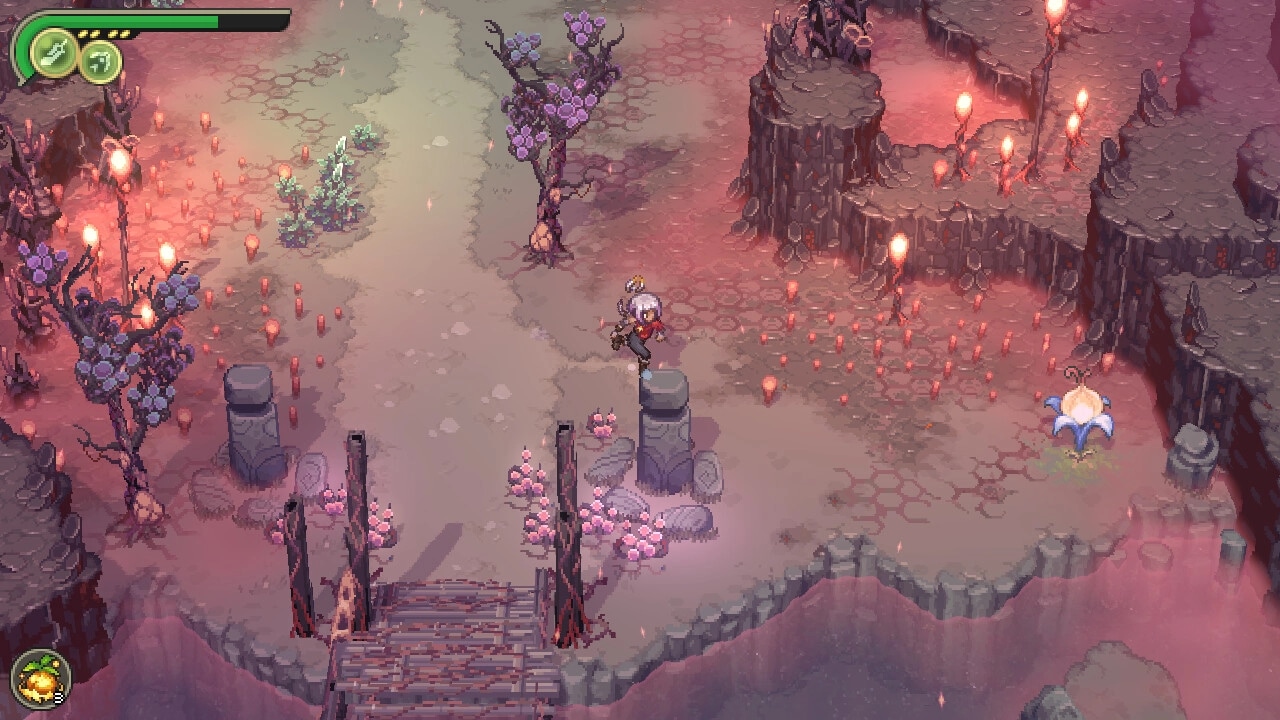 Alabaster Dawn: Character explores mystical canyon with glowing flora and elevated rocky terrain.