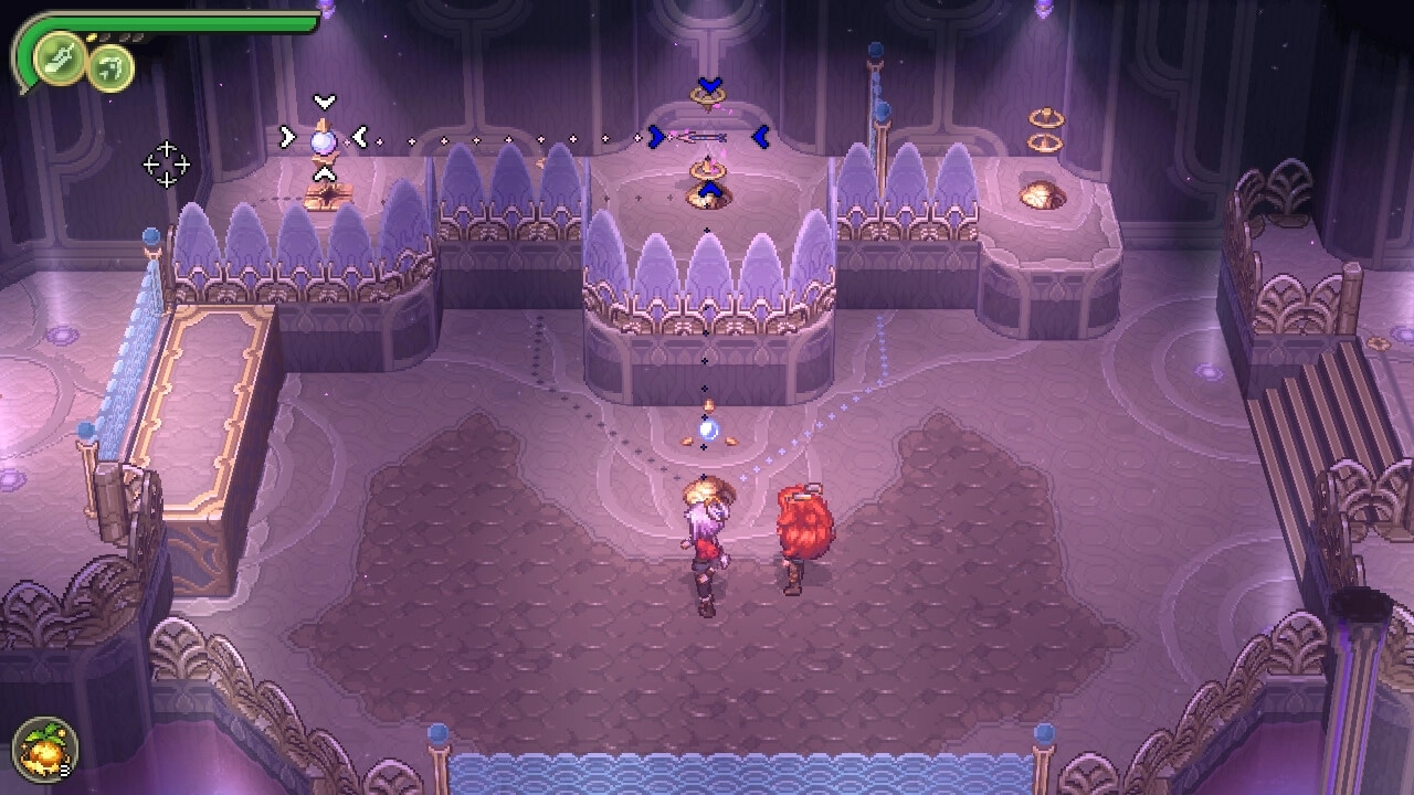 Alabaster Dawn: Two characters in a mystical chamber solving a crystal puzzle with a health bar visible.