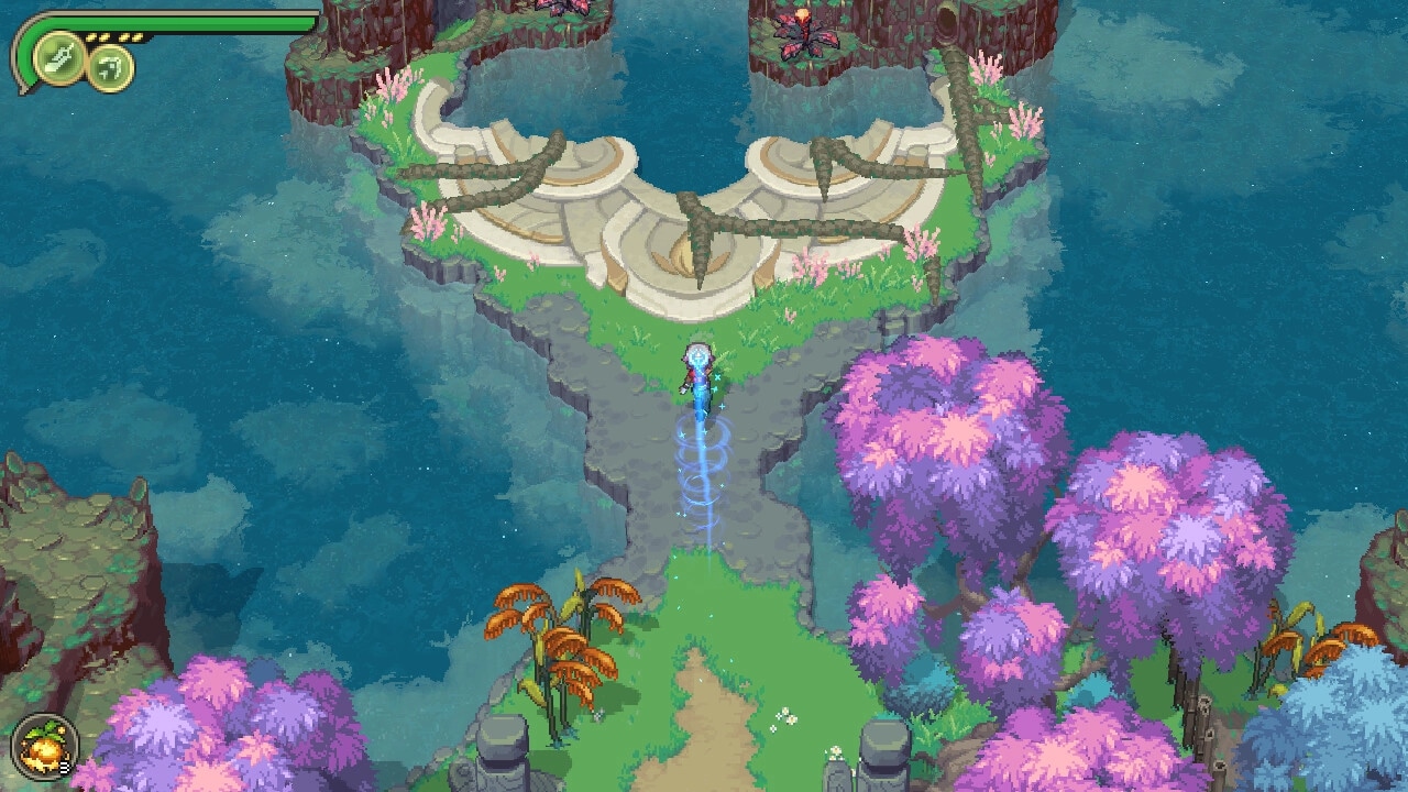 Alabaster Dawn: Character exploring magical garden path with vibrant trees and mystical structures