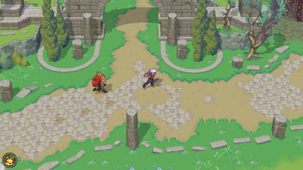 Alabaster Dawn: Two characters explore a lush castle courtyard with cobblestone paths and ancient ruins.