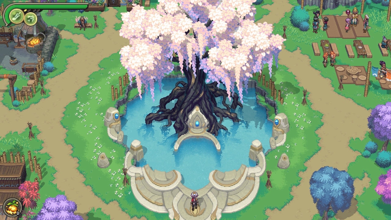 Alabaster Dawn: Character stands before a large blossom tree in a tranquil village square with pathways.