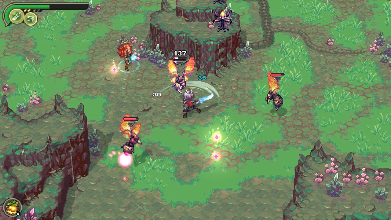 Alabaster Dawn: Hero battles winged enemies using sword combos in a grassy, elevated terrain.