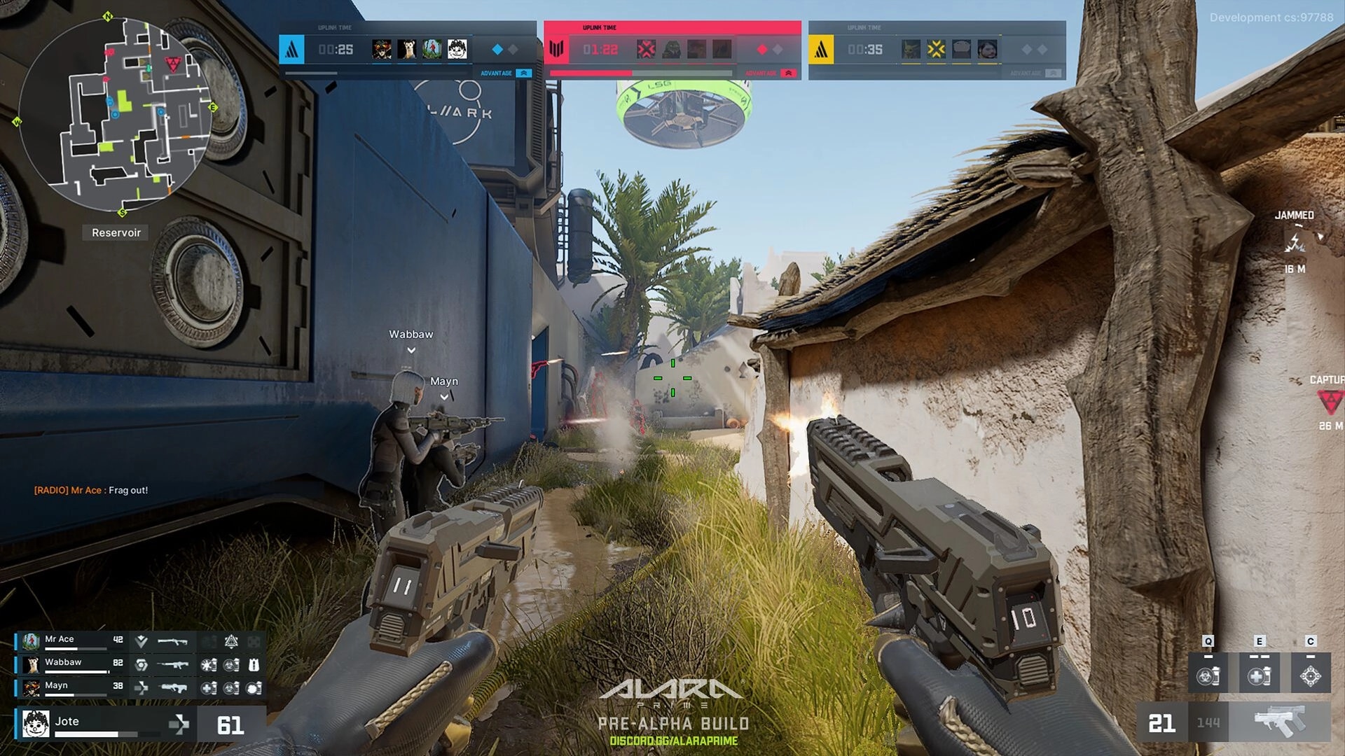 ALARA Prime: Dual-wielding pistols in action-packed alley combat with teammates Wabbaw and Mayn