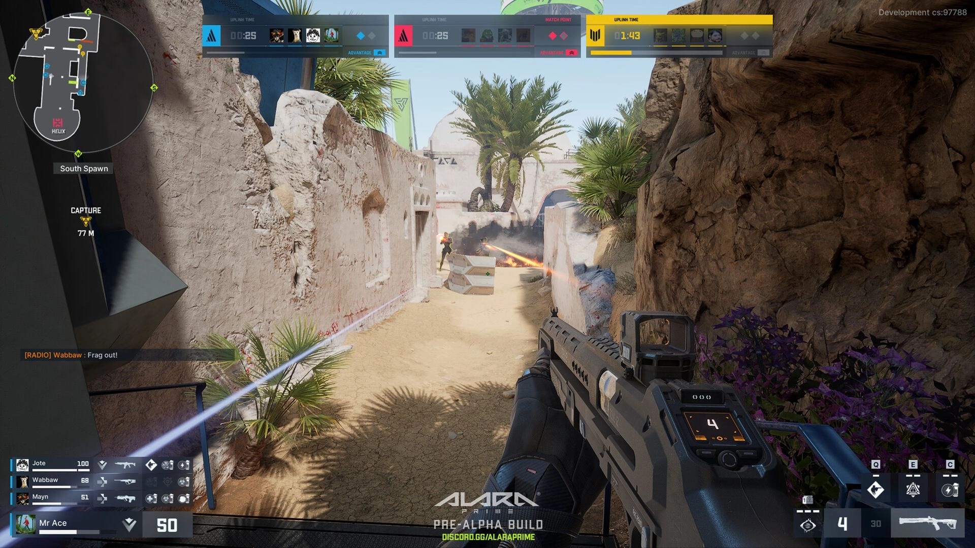 ALARA Prime: First-person view in desert alley engaging enemies with rifle and tactical HUD elements visible