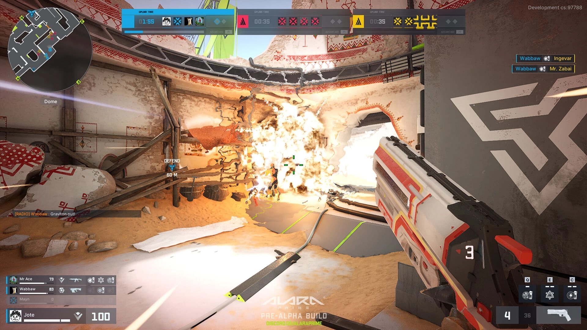 ALARA Prime: Intense firefight in a sandy, damaged dome with explosions and HUD displaying player stats