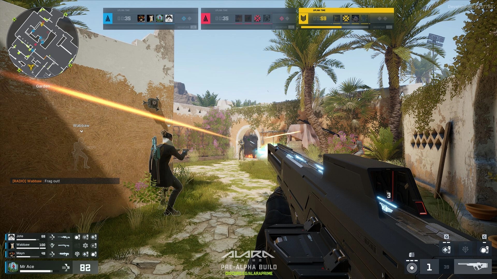 ALARA Prime: Tactical combat in desert courtyard with players exchanging fire, mini-map and HUD visible.