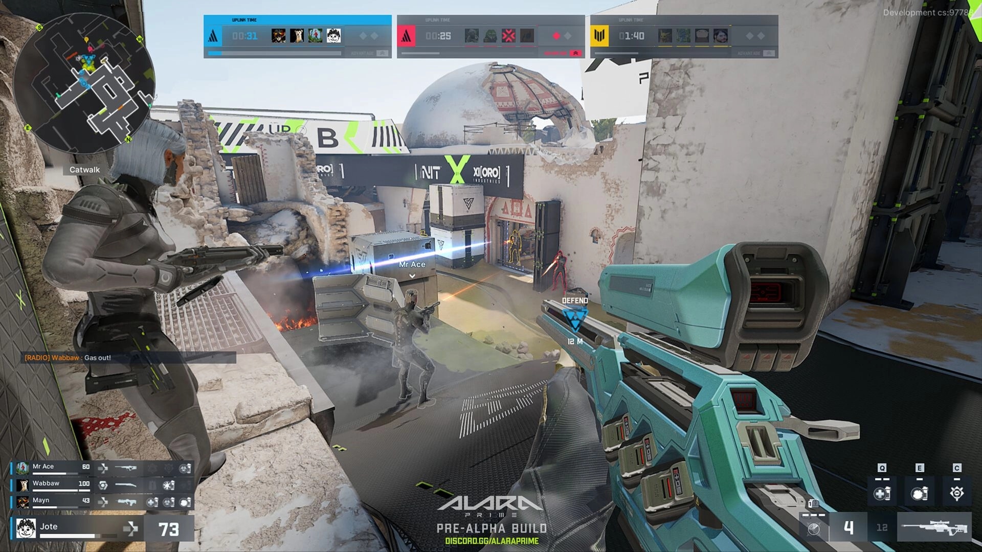 ALARA Prime: First-person view of combat with teammates defending a position in a ruined urban setting