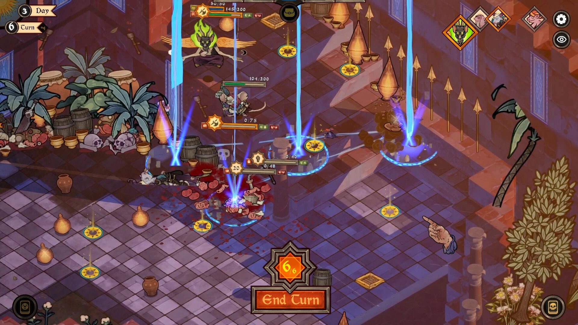 AlcheMice: Tactical combat with mice units and blue spell beams in a tiled palace room UI.