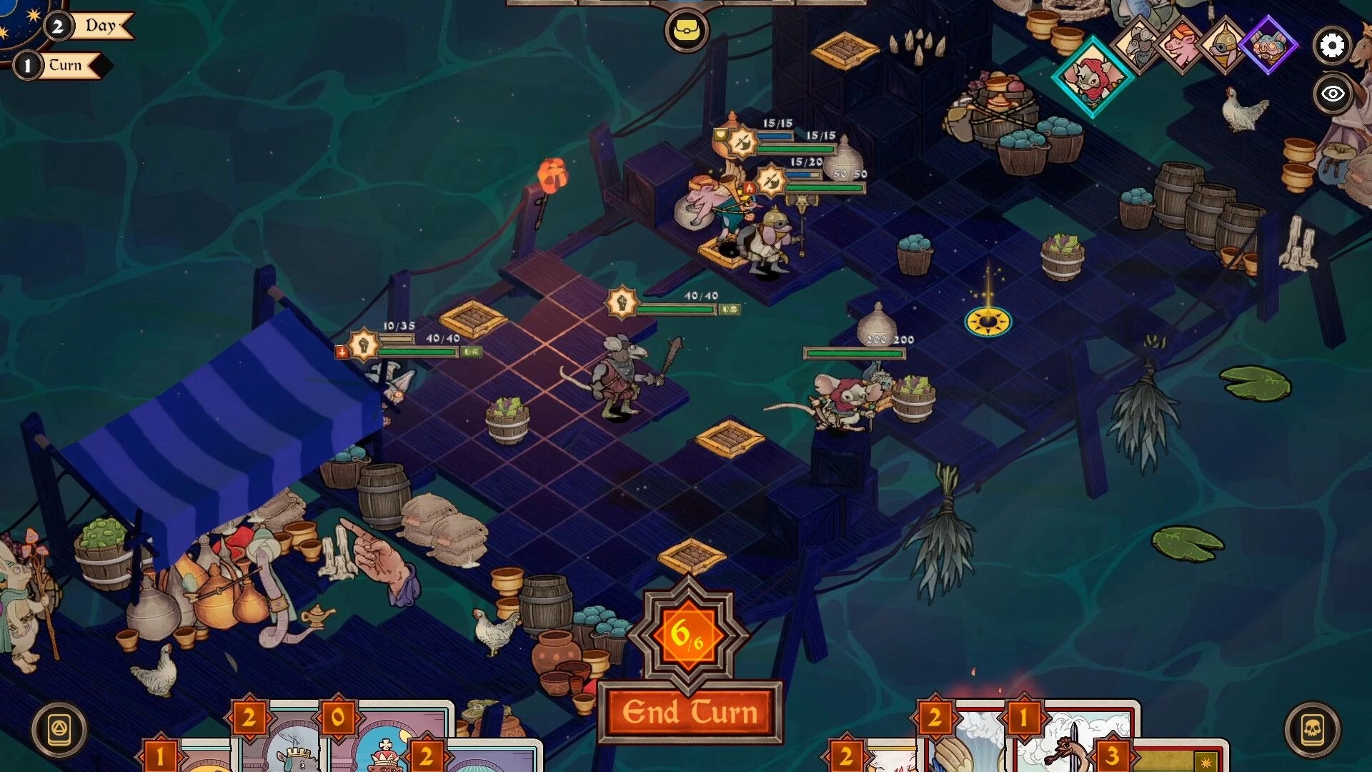AlcheMice: Turn-based battle on a wooden dock over water with mice units, HP bars, and End Turn UI.