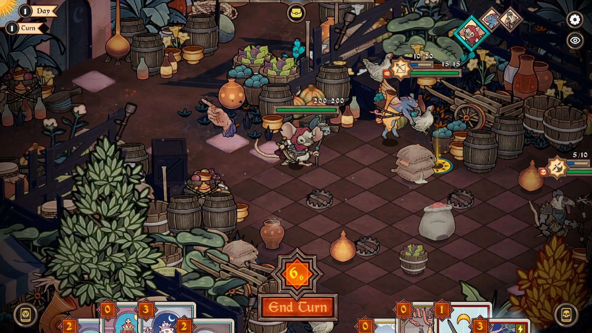 AlcheMice: Turn-based battle in a cluttered market yard with mice heroes, traps, and End Turn UI.