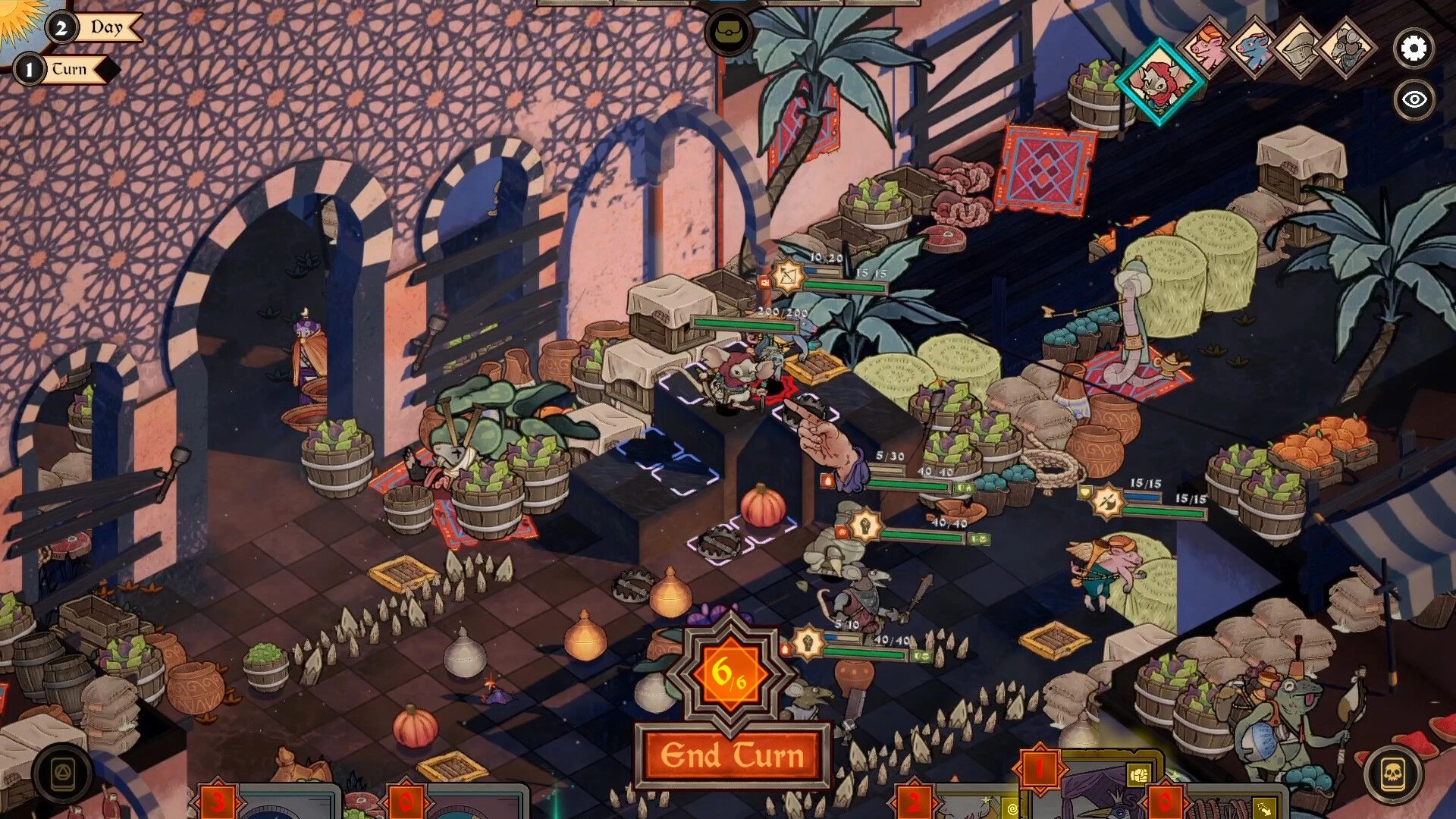 AlcheMice: Tactical battle with mice units and traps in a busy market courtyard, End Turn UI visible.
