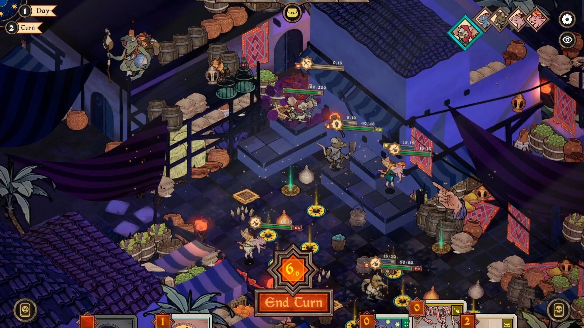 AlcheMice: Turn-based battle in a market courtyard with mice units, HP bars, and End Turn UI.