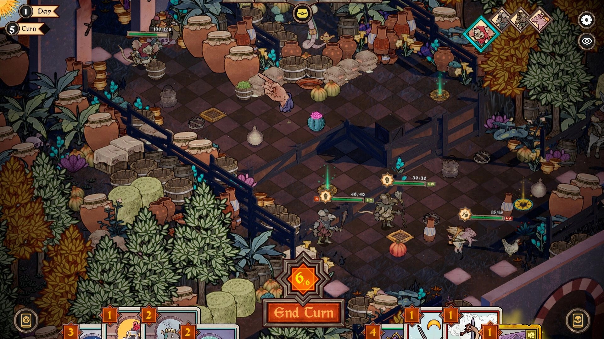 AlcheMice: Party of mice in turn-based battle among jars and barrels, with cards and End Turn UI.