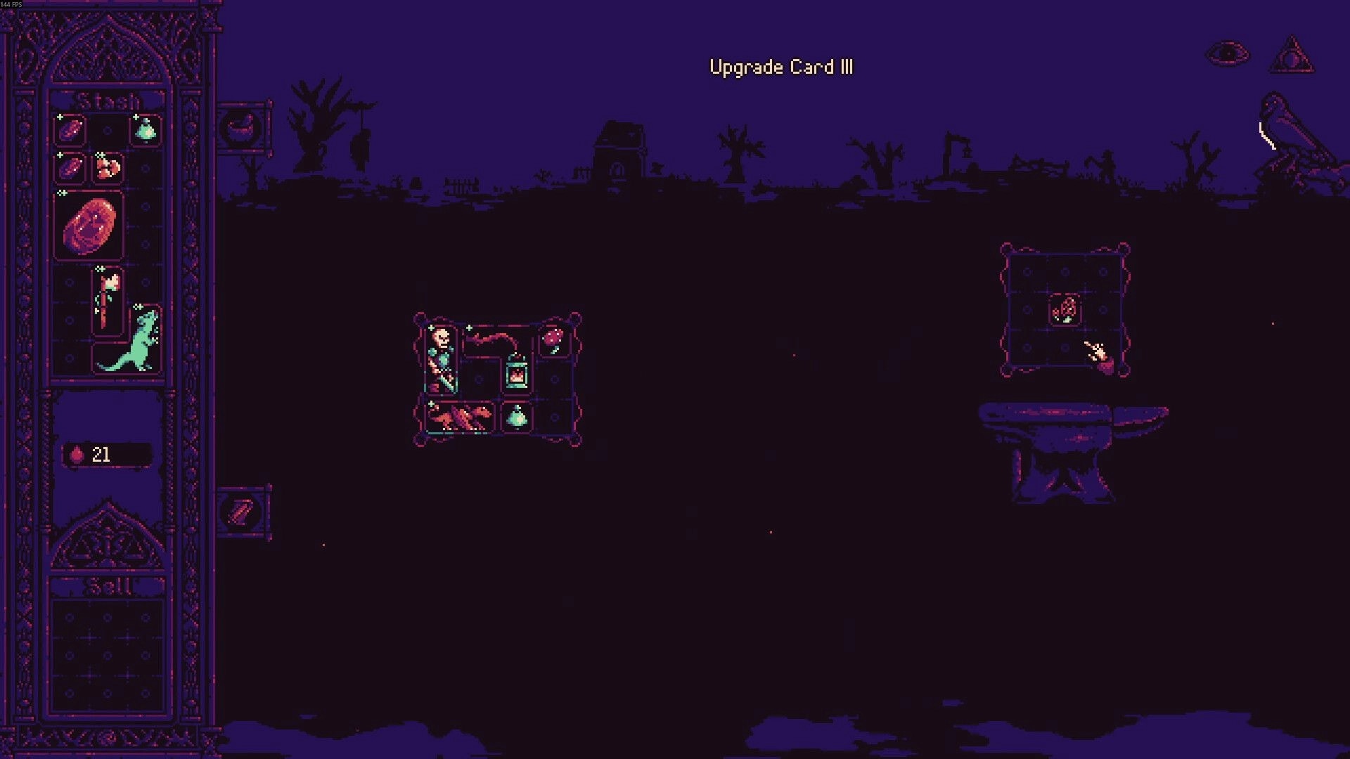 Alchemortis: Upgrade Card III inventory grid with items and cursor over anvil in purple wasteland.