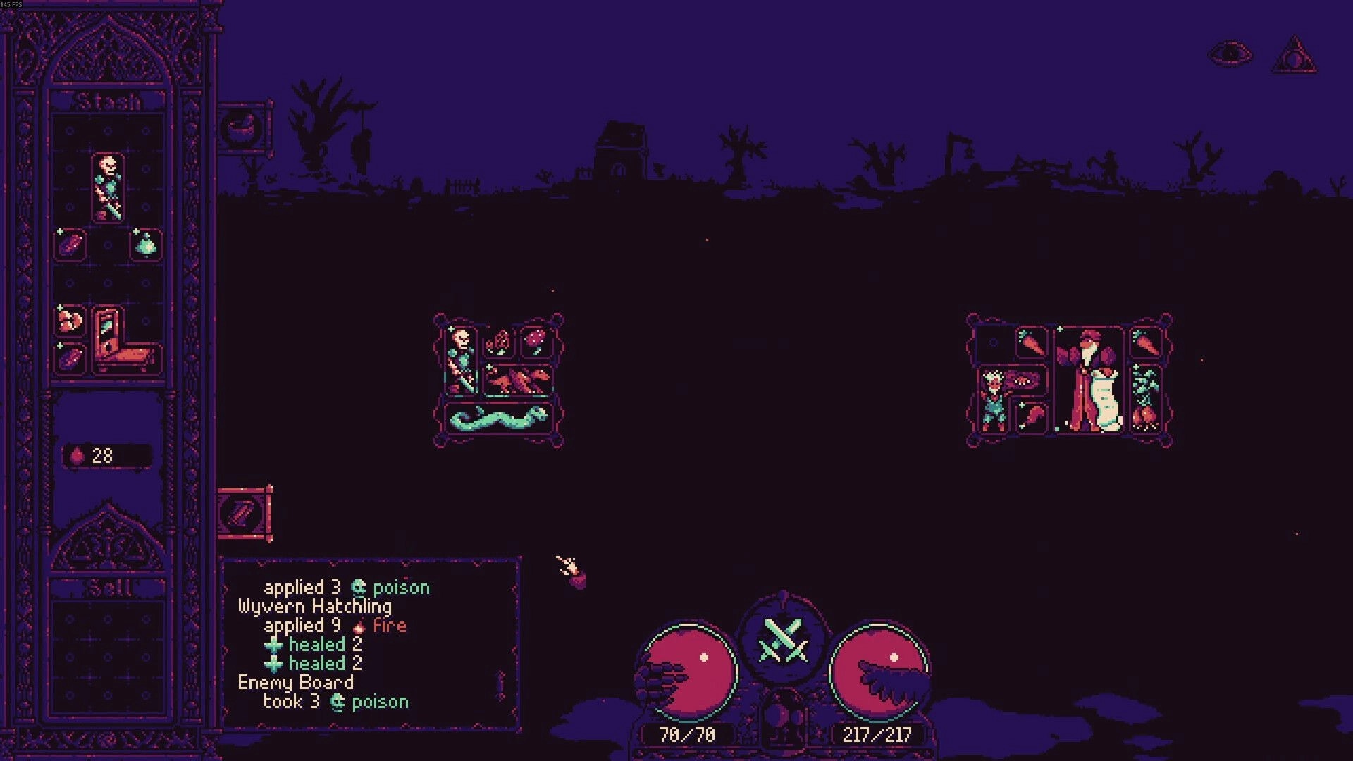 Alchemortis: Inventory grid battle with poison and fire log on a bleak purple wasteland backdrop.