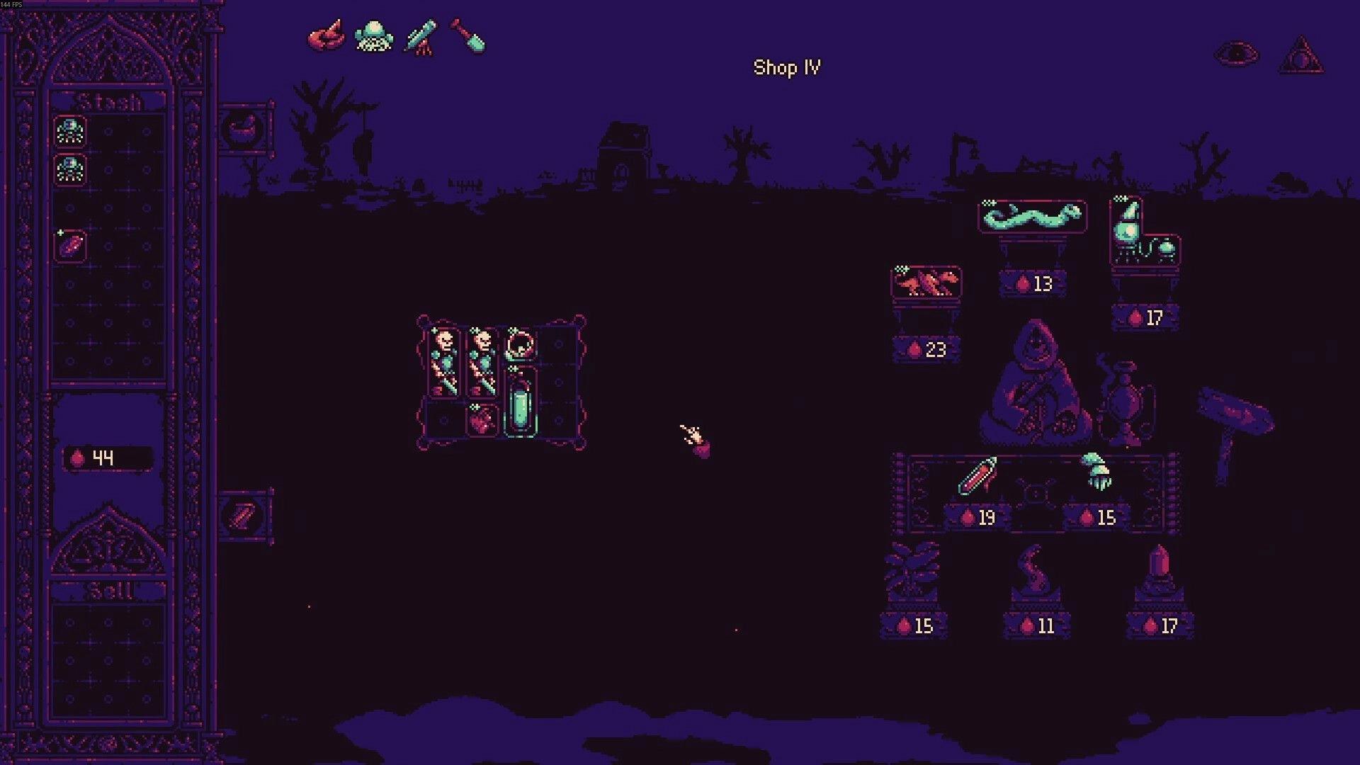 Alchemortis: Shop IV screen with stash and grid inventory, hooded vendor selling items in dark wasteland.