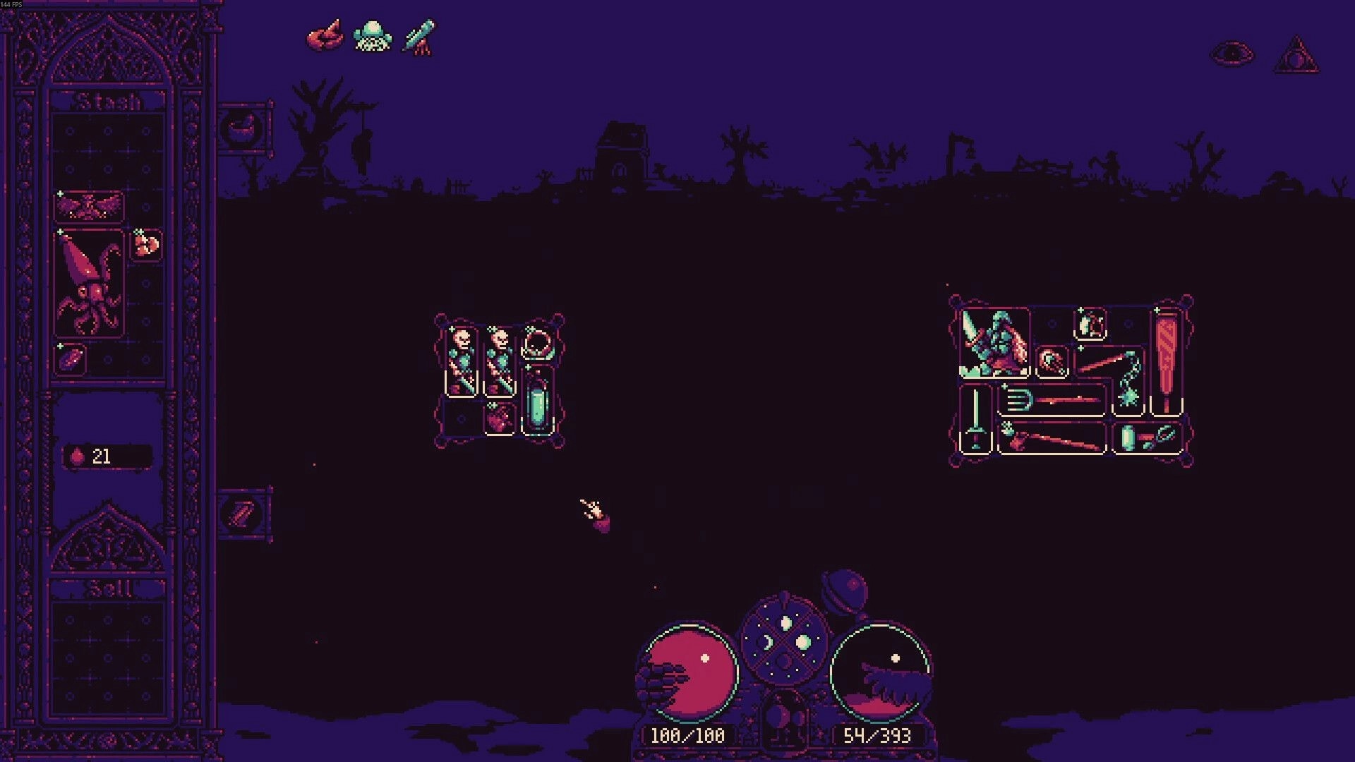 Alchemortis: Inventory grid with weapons and vials beside stash and sell panels in dark wasteland.
