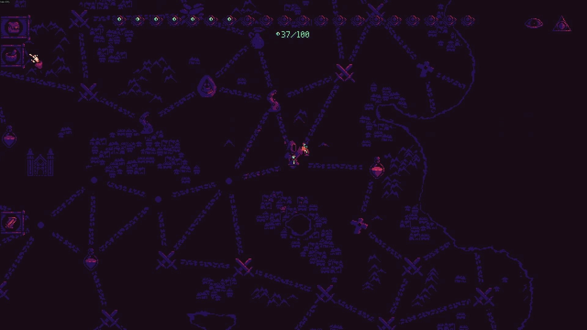 Alchemortis: Party token on branching world map with node icons and left-side inventory UI panel.