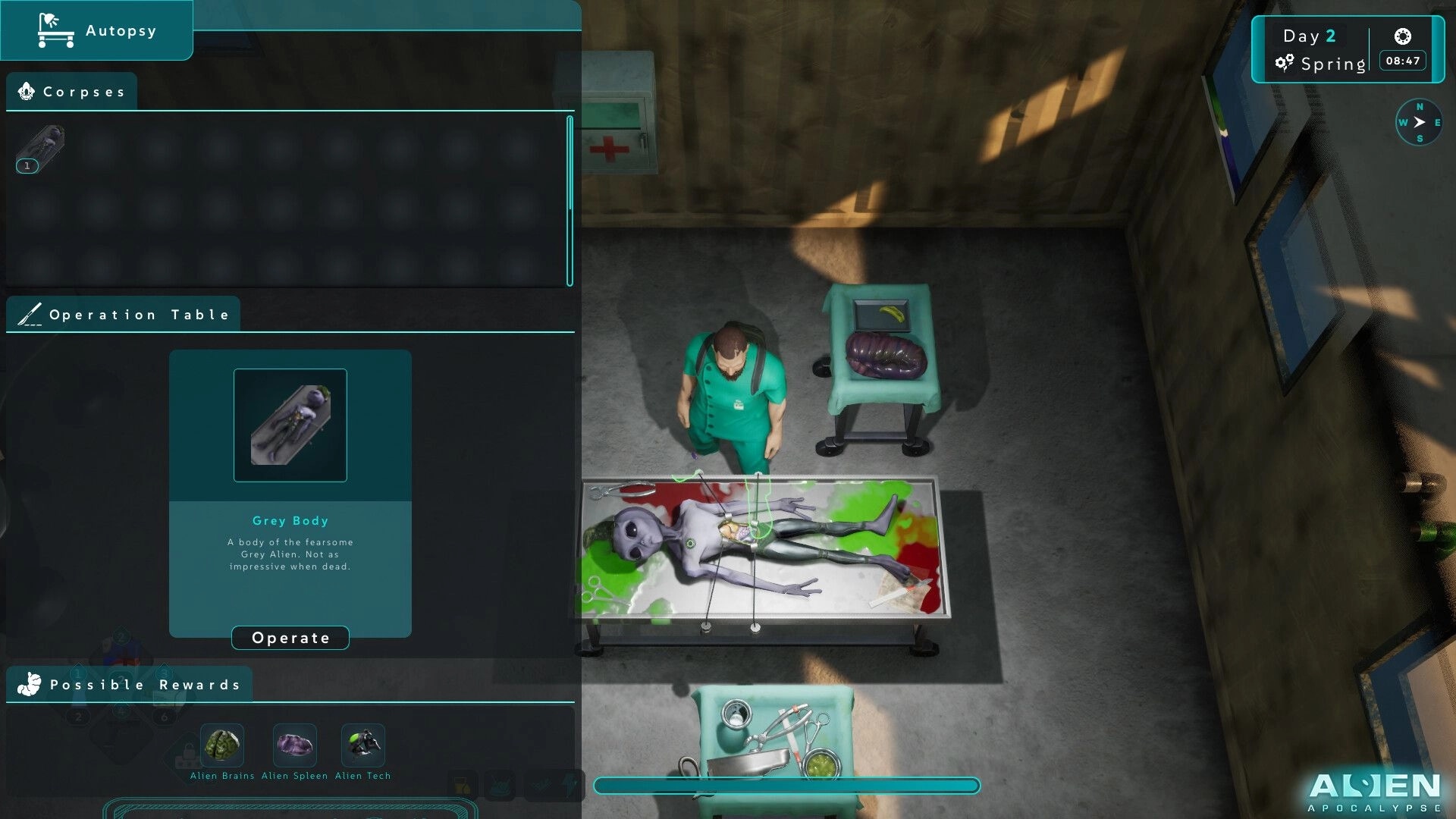Alien Apocalypse: Scientist performs alien autopsy in lab with operation table and medical instruments.