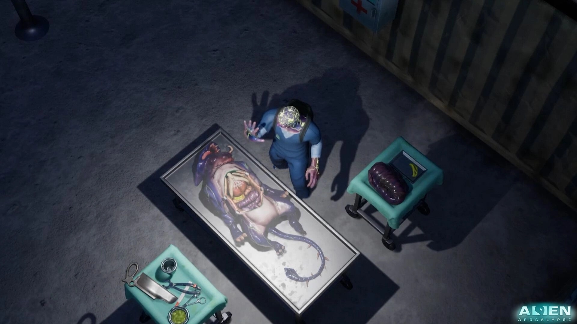 Alien Apocalypse: Scientist examines alien corpse in laboratory with surgical tools on tables nearby