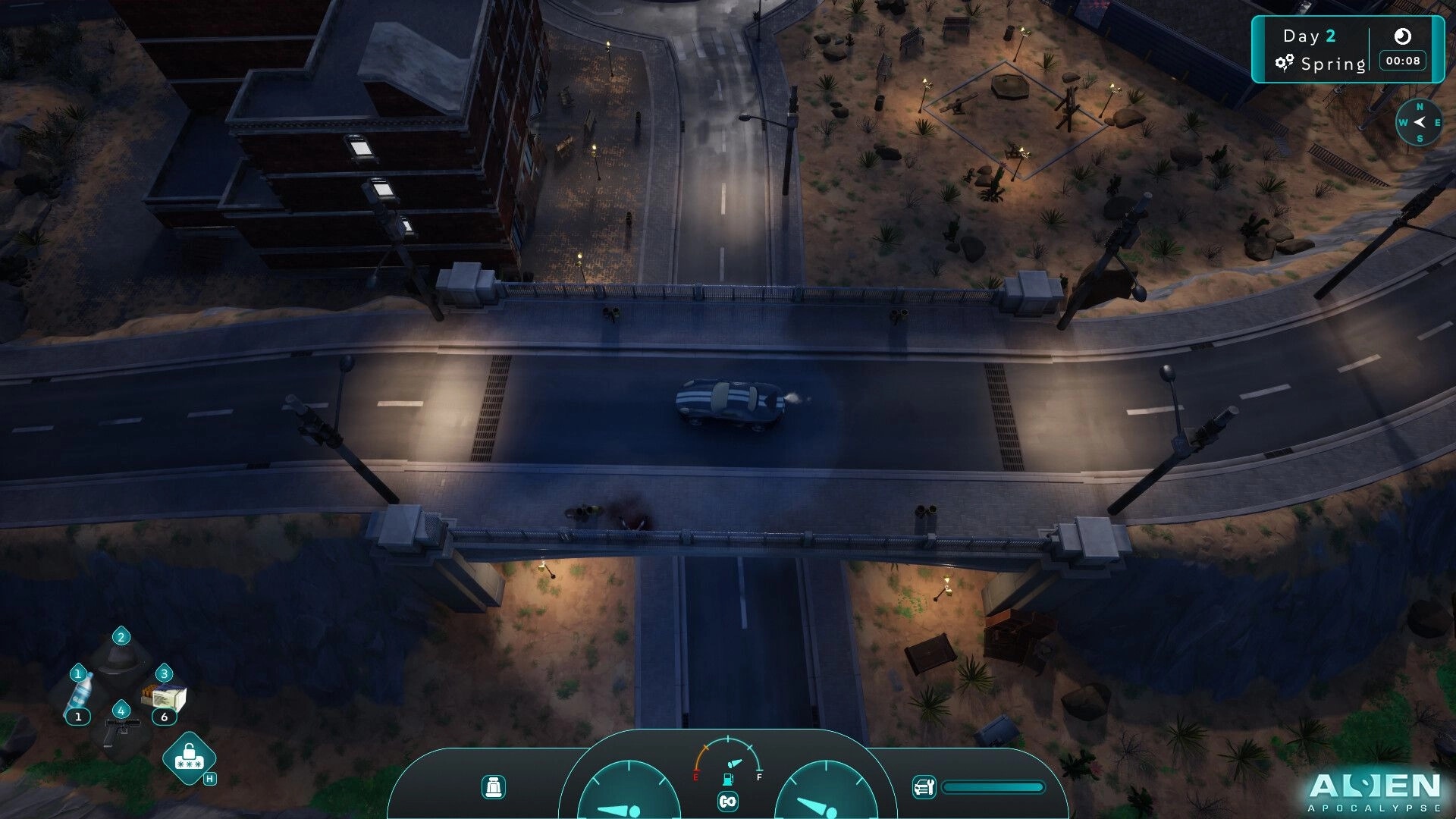 Alien Apocalypse: Nighttime driving across a bridge in a desert city with a visible inventory and HUD.