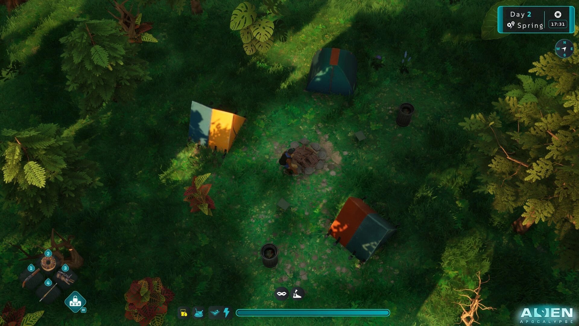 Alien Apocalypse: Overhead view of campsite with tents, campfire, and inventory menu in a forest setting.